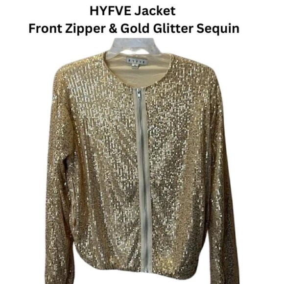 HYFVE Jacket Full Front Zipper Closure Gold Glitter Sequin Design Women's Small - Picture 1 of 6